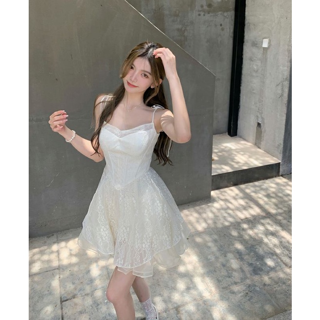 Váy/ đầm 2 dây tiểu thư bánh bèo phong cách Hàn Quốc