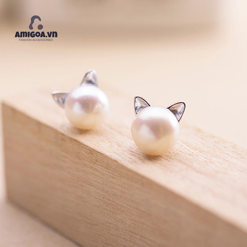 ✨✨Khuyên Tai Bạc 925 Hình Tai Mèo Đính Ngọc Trai Dễ Thương Cho Nữ