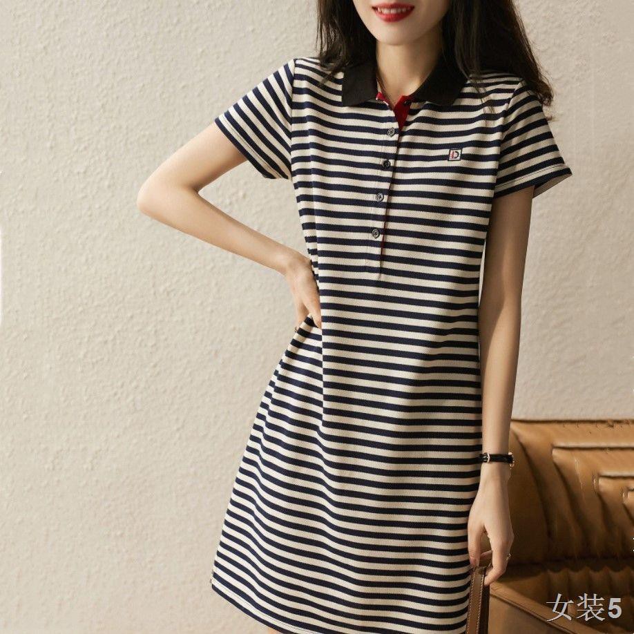 2021 Mùa xuân và hè Phiên bản mới của Hàn Quốc POLO mỏng MINING Sọc ngắn tay áo dài nữ [Giao hàng 7 ngày]