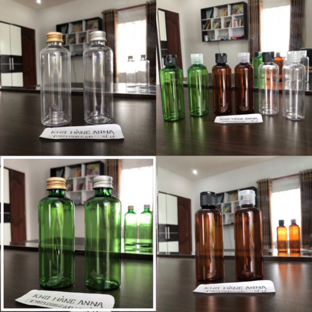 50 chai pet 100ml nắp nhôm - Chai pet trong suốt/ xanh lá / Nâu - combo 50 chai chiết mỹ phẩm 100ml nắp nhôm bạc, đồng