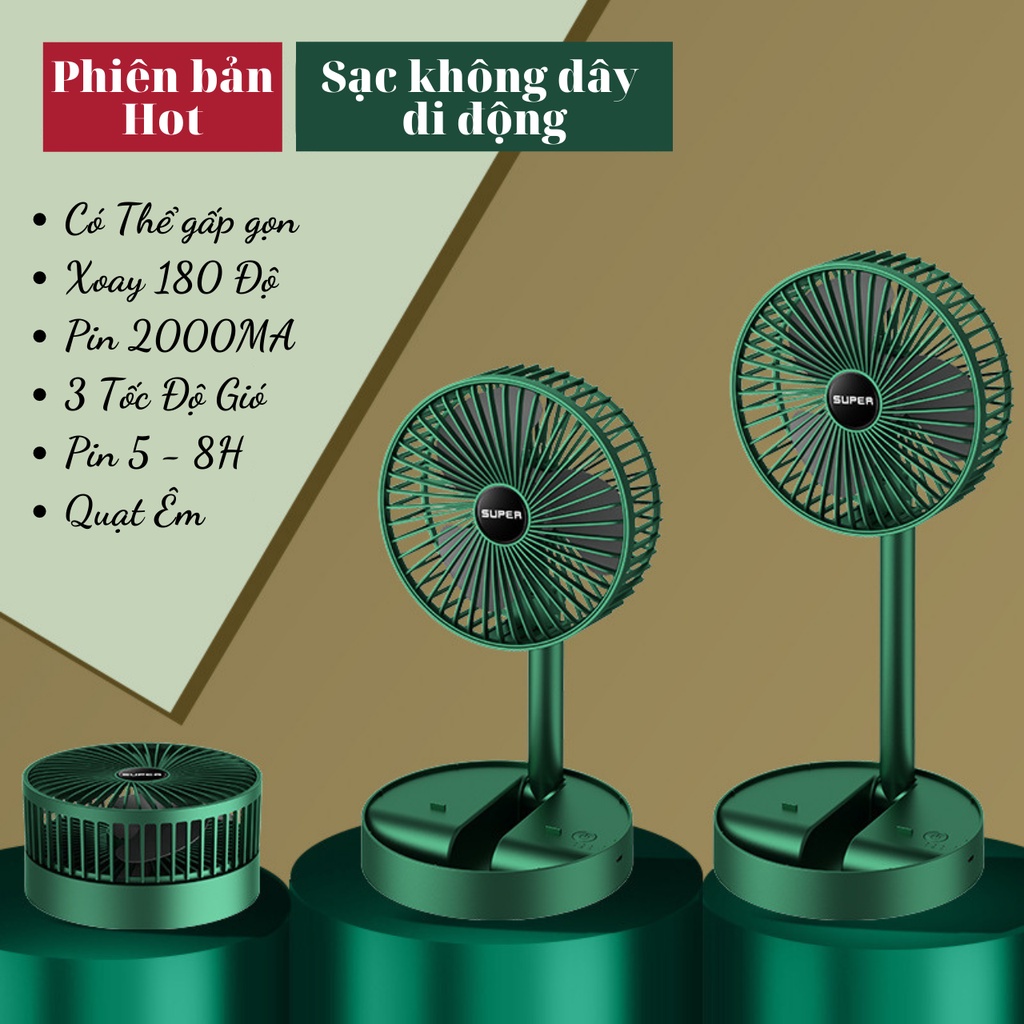 Quạt Mini Để Bàn Gấp Gọn  Xoay 180 Độ, 3 Tốc Độ Gió, Tích Điện Cổng Sạc USB, Pin 2000mAh
