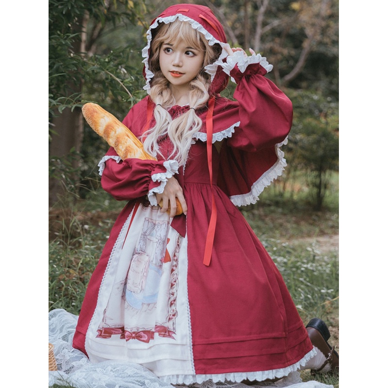 Sét váy lolita JSK + áo choàng khăn choàng nơ đỏ dễ thương