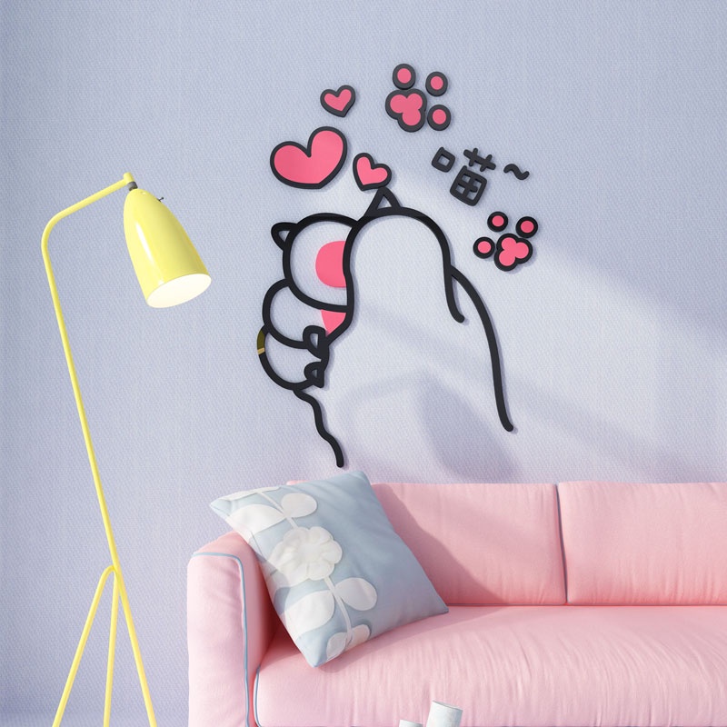 Tranh dán tường mica 3d decor khổ lớn bàn tay chân mèo bắn thả tim trang trí mầm non, phòng cho bé Nhiều Size - EPeBen