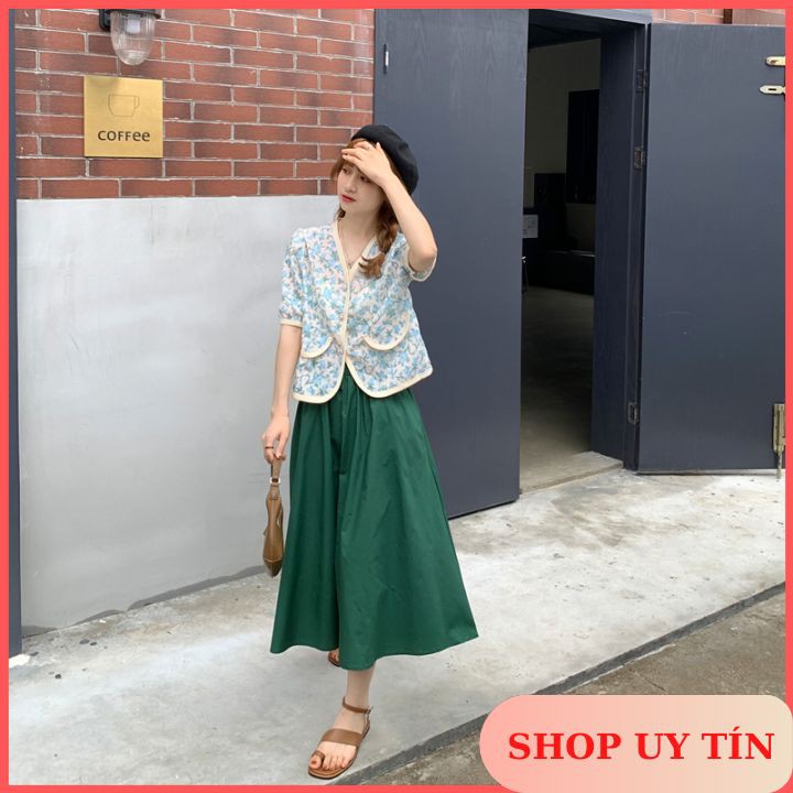 Set Bộ Nữ Free Size, Áo Sơ Mi Hoa Mix Chân Váy Chữ A Midi Xòe Nhẹ (Feedback Ảnh Cuối)