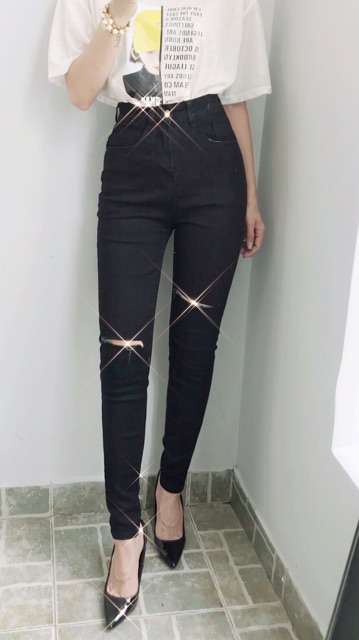 [Size Đại 32~36] Quần Jean Đen RÁCH/TRƠN - Eo Cao Trên Rốn Co Giãn Mạnh - Lưng SIÊU CAO TÔN DÁNG