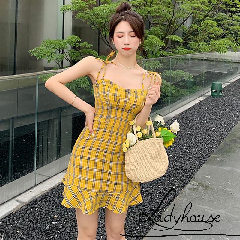 Đầm Hai Dây Không Tay Họa Tiết Caro Thời Trang Mùa Hè Cho Nữ