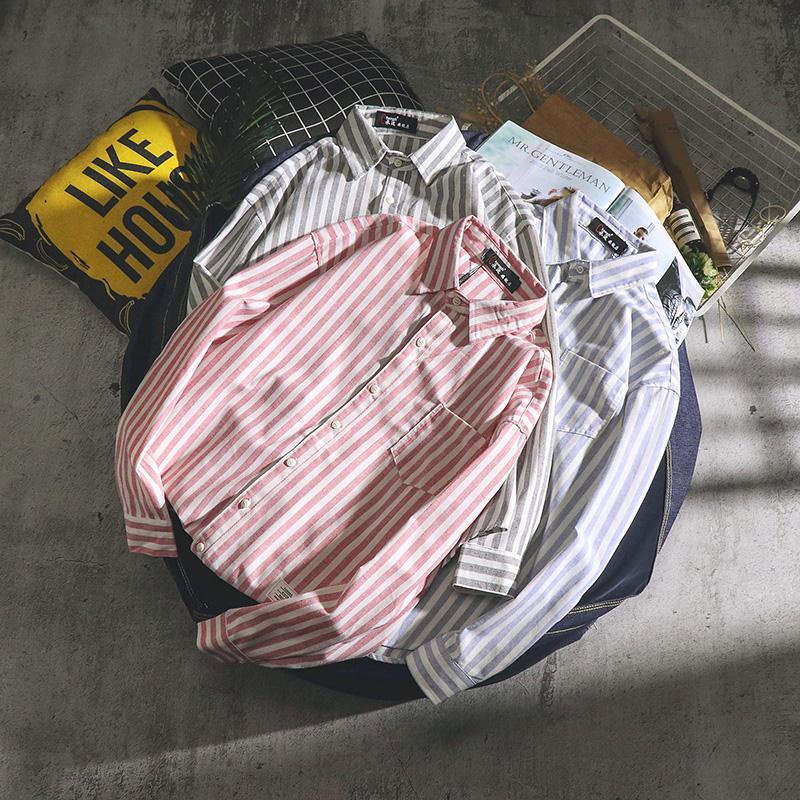 Áo Sơ Mi Tay Dài Kẻ Sọc Dọc Phong Cách Nhật Hàn Mới Cho Nam Và Nữ