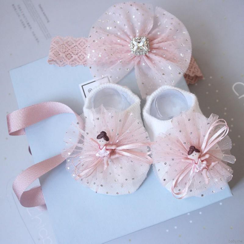 Baby Socks And Headband Set Lovely Flowers Decorated Anti-Slip Ankle Socks Elastic Hair Band Set
