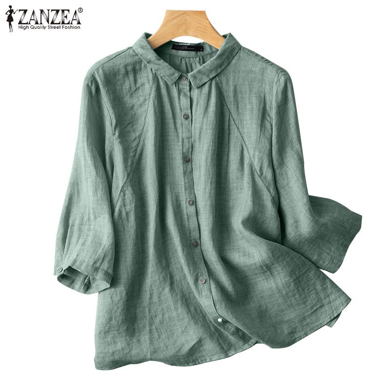 Áo kiểu ZANZEA tay lỡ cổ bẻ màu trơn thời trang dành cho nữ