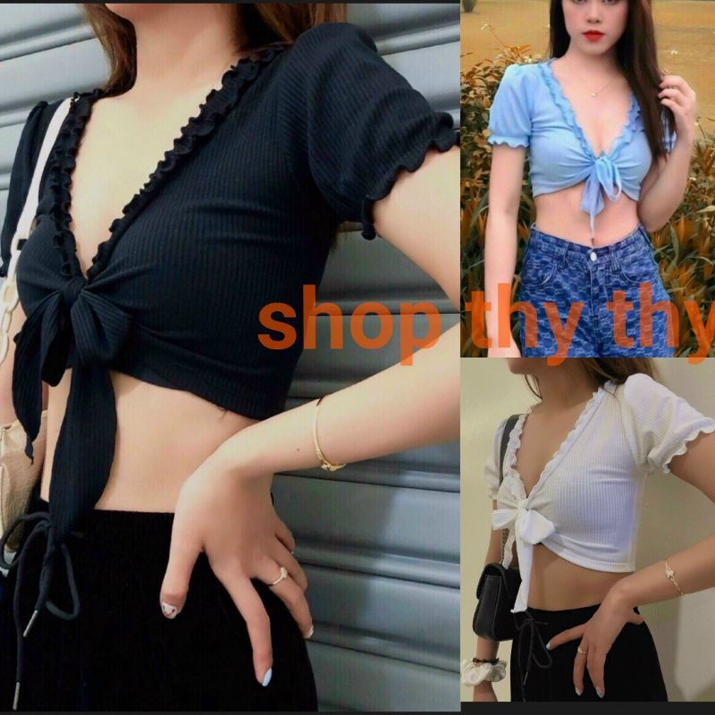 Áo thun tay lỡ kiểu croptop, áo dạng bèo buộc nơ giữa ngực sexy kiểu Hàn