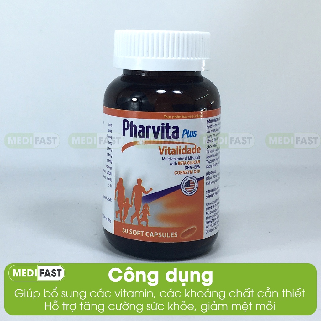Giảm mệt mỏi, tăng sức đề kháng - Bổ sung vitamin tổng hợp Pharvita Lọ 30 viên có thêm Beta Glucan, DHA và Coenzym