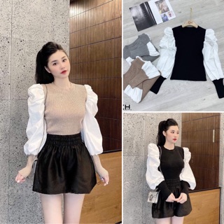 A736 Áo Len Nữ Phối Tay Bồng Trắng Sang Chảnh, Đủ 3 Màu Dễ Mặc Tôn Da