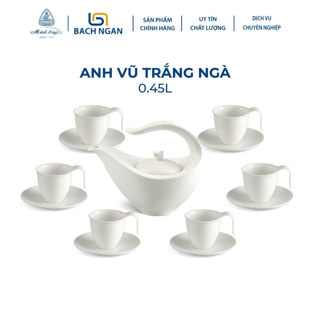 Bộ Ấm Trà Gốm Sứ Minh Long Anh Vũ Trắng Ngà 0.45L hàng đẹp, cao cấp, sang trọng đãi khách, quà tặng - 6 tách