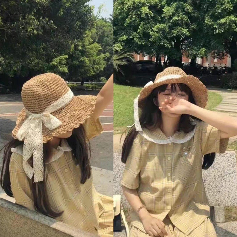 Nón cói, mũ cói mềm móc tay dây ren nơ phong cách XUKA DRESS