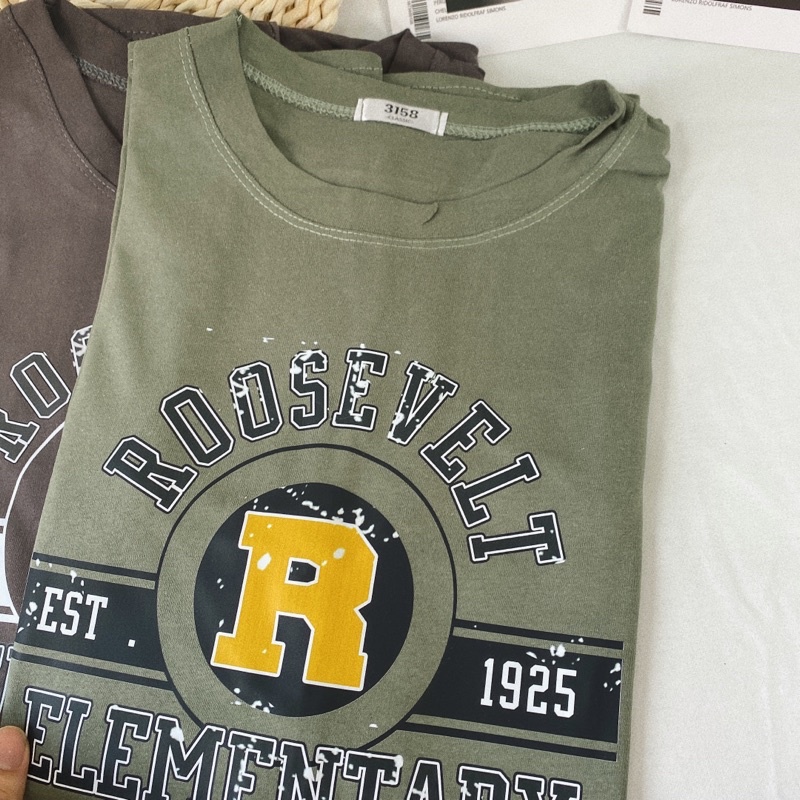 Áo phông 3158, áo thun tay lỡ form rộng chất cotton in hình R vàng