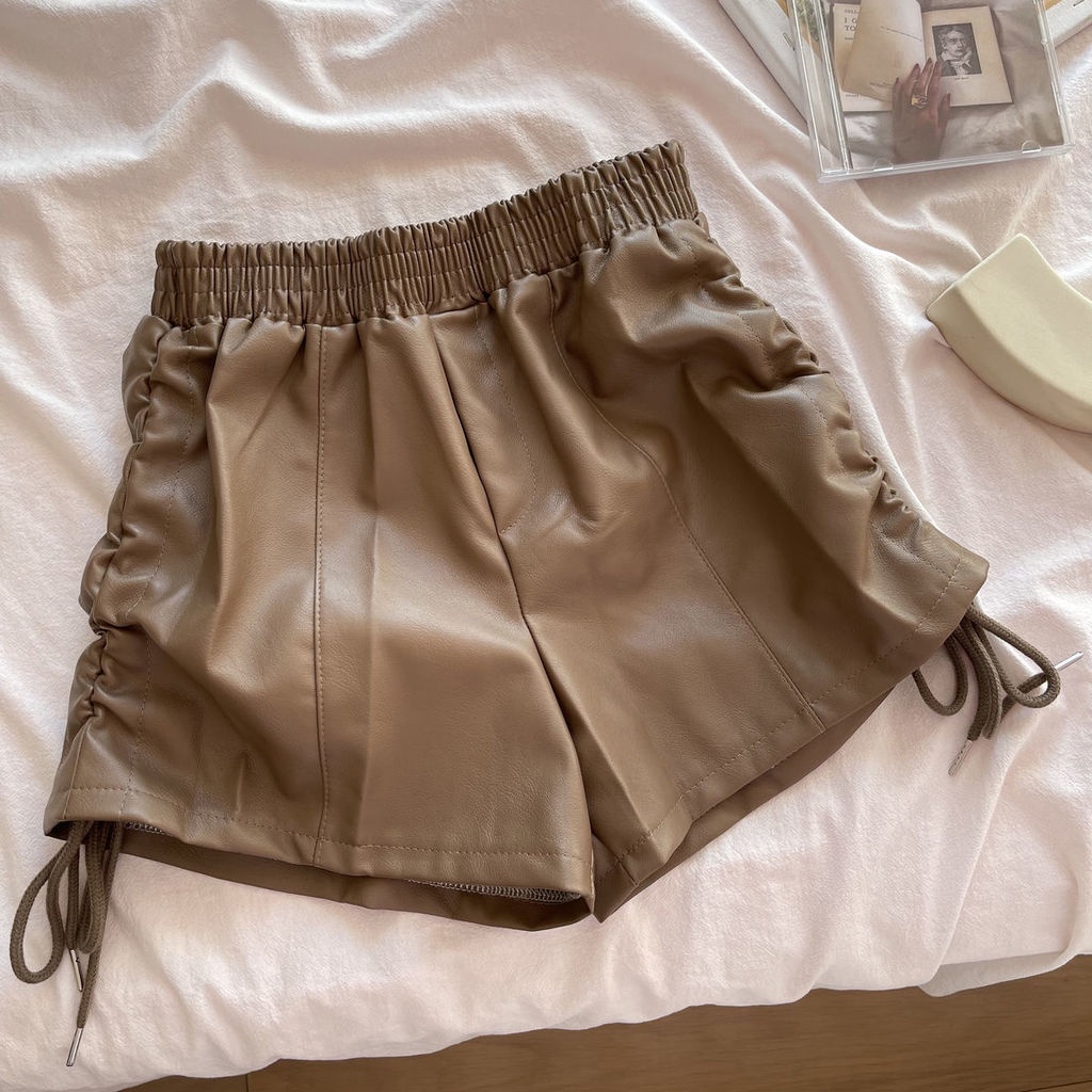 Quần Short Da Mỏng Lưng Thun Cao Ống Rộng Phối Dây Cột Hai Bên Thời Trang Dành Cho Nữ