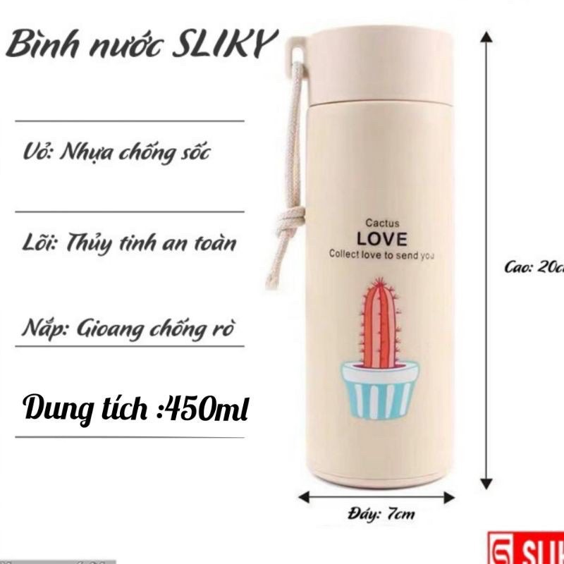 Bình đựng nước lõi thủy tinh họa tiết xương rồng dễ thương dung tích 450ml