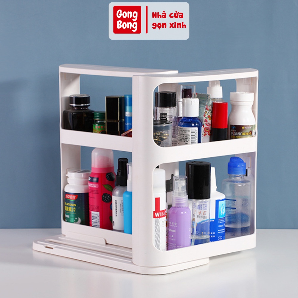 Kệ đựng gia vị 2 tầng có thể xoay giá đựng đồ mỹ phẩm sắp xếp gọn gàng không gian để đồ nhà bếp nhà cửa