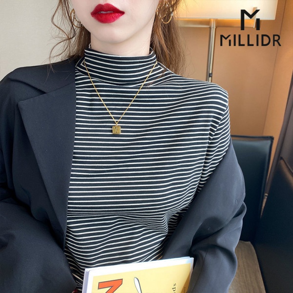 Áo Thun Nữ Dài Tay Cổ Cao Kẻ Sọc Thời Trang