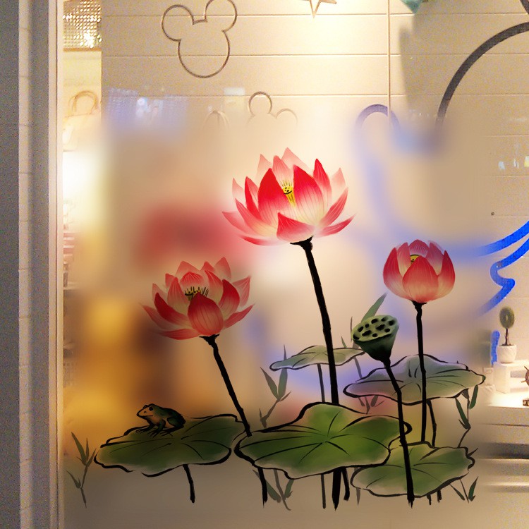 Decal trang trí dán kính cao cấp búp sen hồng