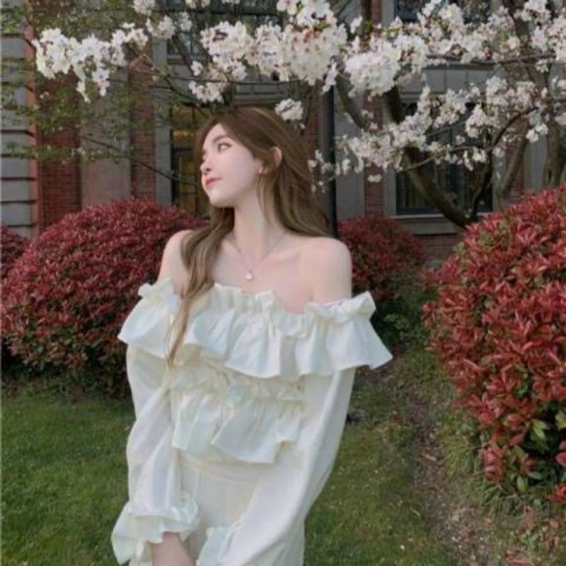 Áo bẹt vai nhún phối bèo nhiều tầng TV2 - from chuẩn