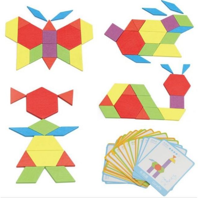 BỘ ĐỒ CHƠI - PATTERN BLOCK - GỖ MỊN ĐẸP (130 MIẾNG GỖ + 24 THẺ)