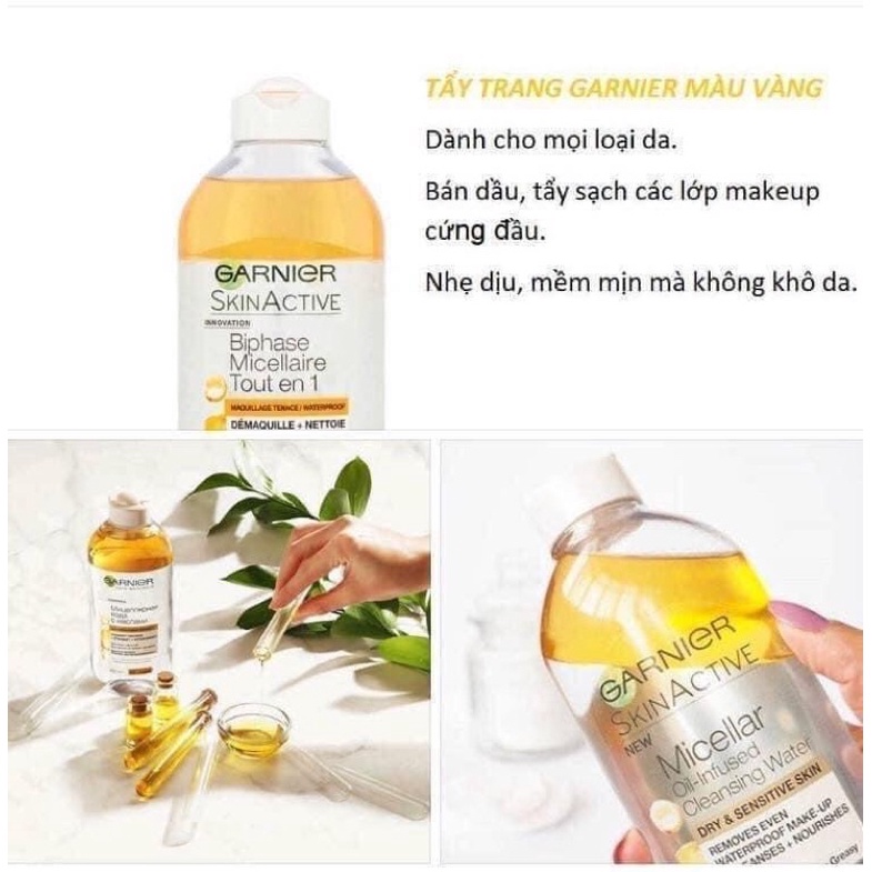 Tẩy trang Garnier Skin Active Oil Infused Micellar Cleansing Water (Màu Vàng Nắp Trắng)