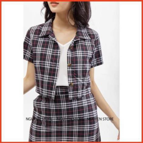 Set Váy Áo Croptop Tay Ngắn Siêu Sang, Áo Cổ Vest Croptop Chân Váy Caro Chất Liệu Mềm Mịn Hàng Siêu Cấp