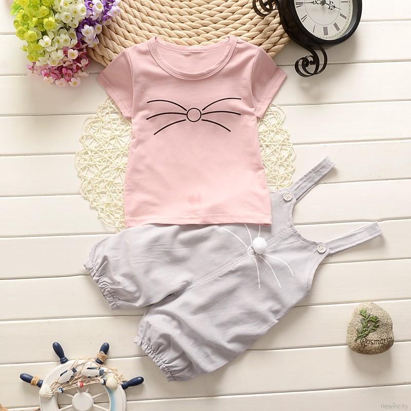 Set áo thun ngắn tay + Quần yếm đáng yêu cho bé gái