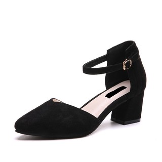 Giày cao gót nữ citas đế vuông bít mũi da lộn phối quai đen 7p cg075
