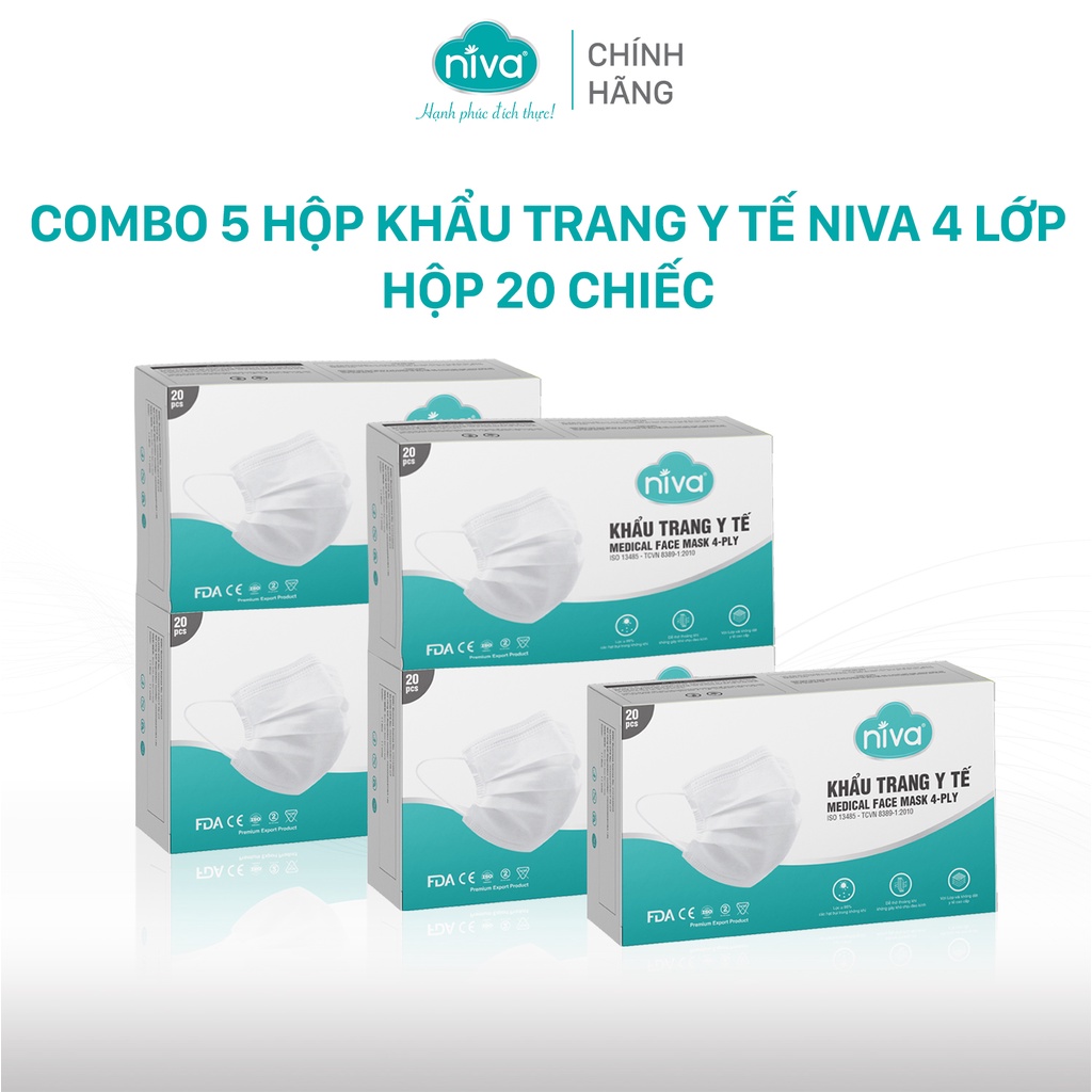 Combo 5 Hộp Khẩu Trang Niva Y Tế 4 Lớp Hộp 20 Cái Kháng Khuẩn, Ngăn Khói Bụi, Vi Khuẩn Hàng Chính Hãng Cao Cấp
