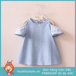 Đầm xòe trễ vai họa tiết sọc cá tính dành cho bé