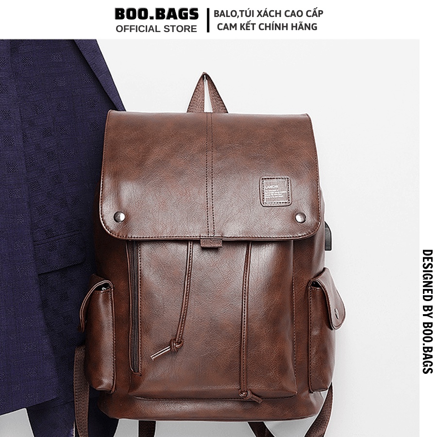 Balo Da Nam - Nữ Đi Học, Balo Size Lớn Nắp Gập Nam Nữ Dây Rút Laptop Boobags Boo005