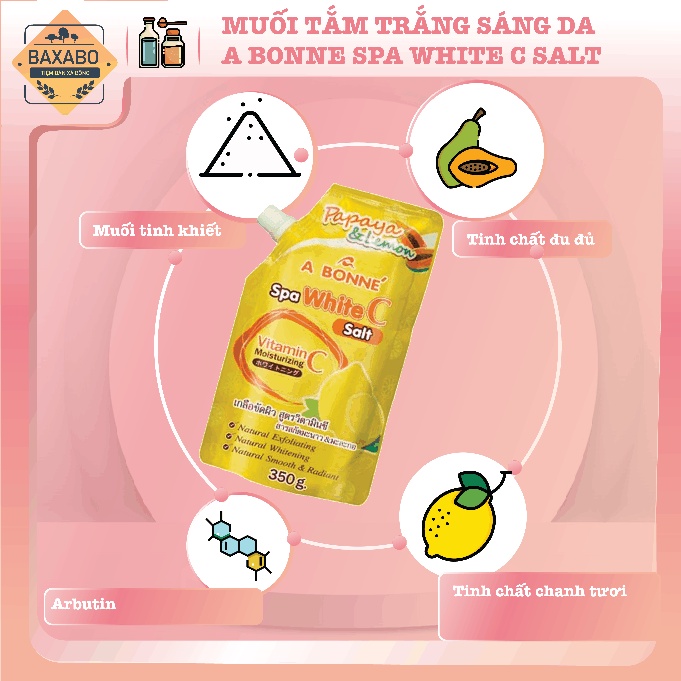 MUỐI TẮM VITAMIN C A BONNE GIÚP TRẮNG SÁNG DA - VỊ ĐU ĐỦ & CHANH - A BONNE SPA WHITE C SALT - CHÍNH HÃNG THÁI LAN - 350G
