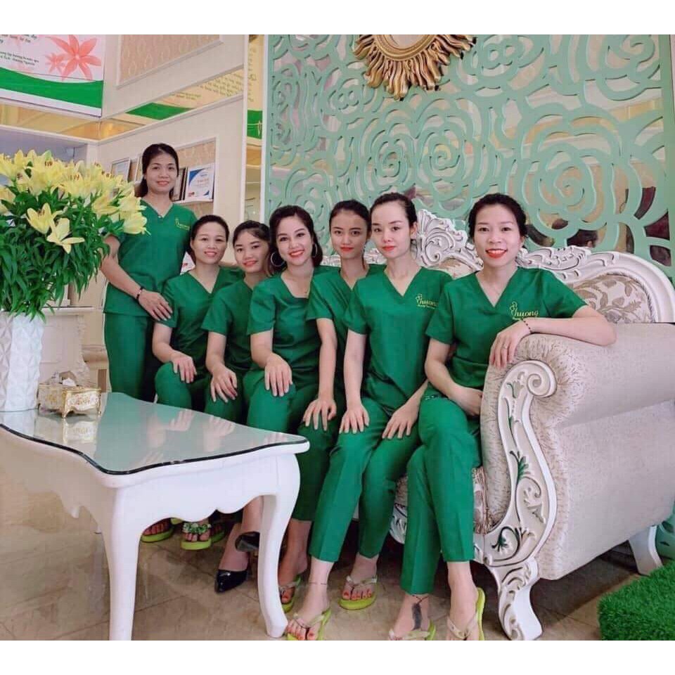 Đồng phục spa màu xanh chất cotton lạnh, dày dặn, hàng may sẵn, đủ size