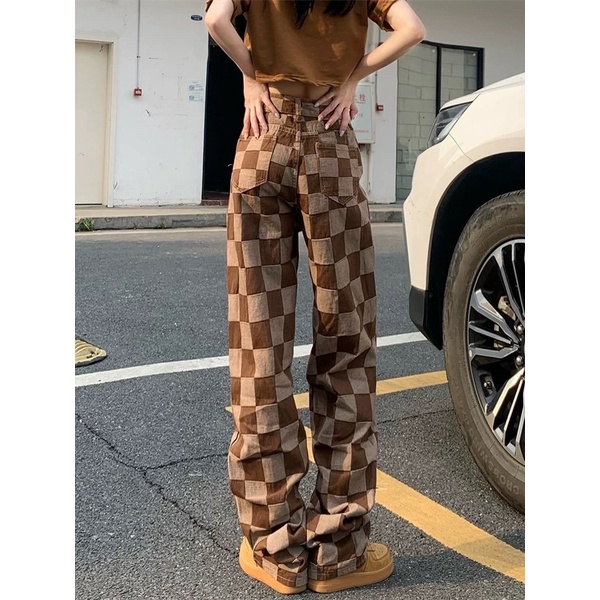 ORDER_ Quần jeans caro nâu ống suông đứng cạp cao