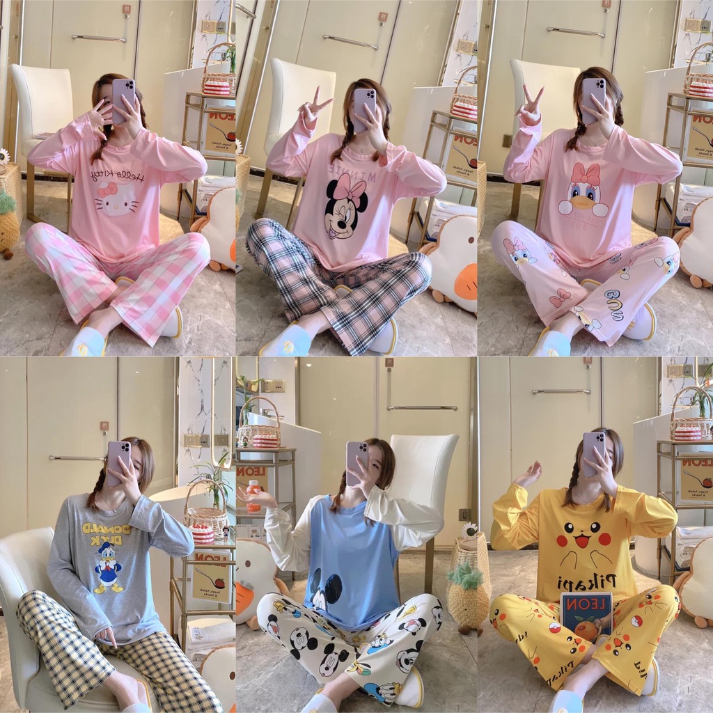 [Sẵn] Đồ bộ thun tay dài Quảng Châu, pijama quần dài, đồ mặc ở nhà họa tiết hoạt hình dễ thương