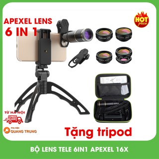 Bộ lens,ống kính 6in1 apexel,tele 16X,góc rộng,mắt cá,macro tất cả trong một,cực hot