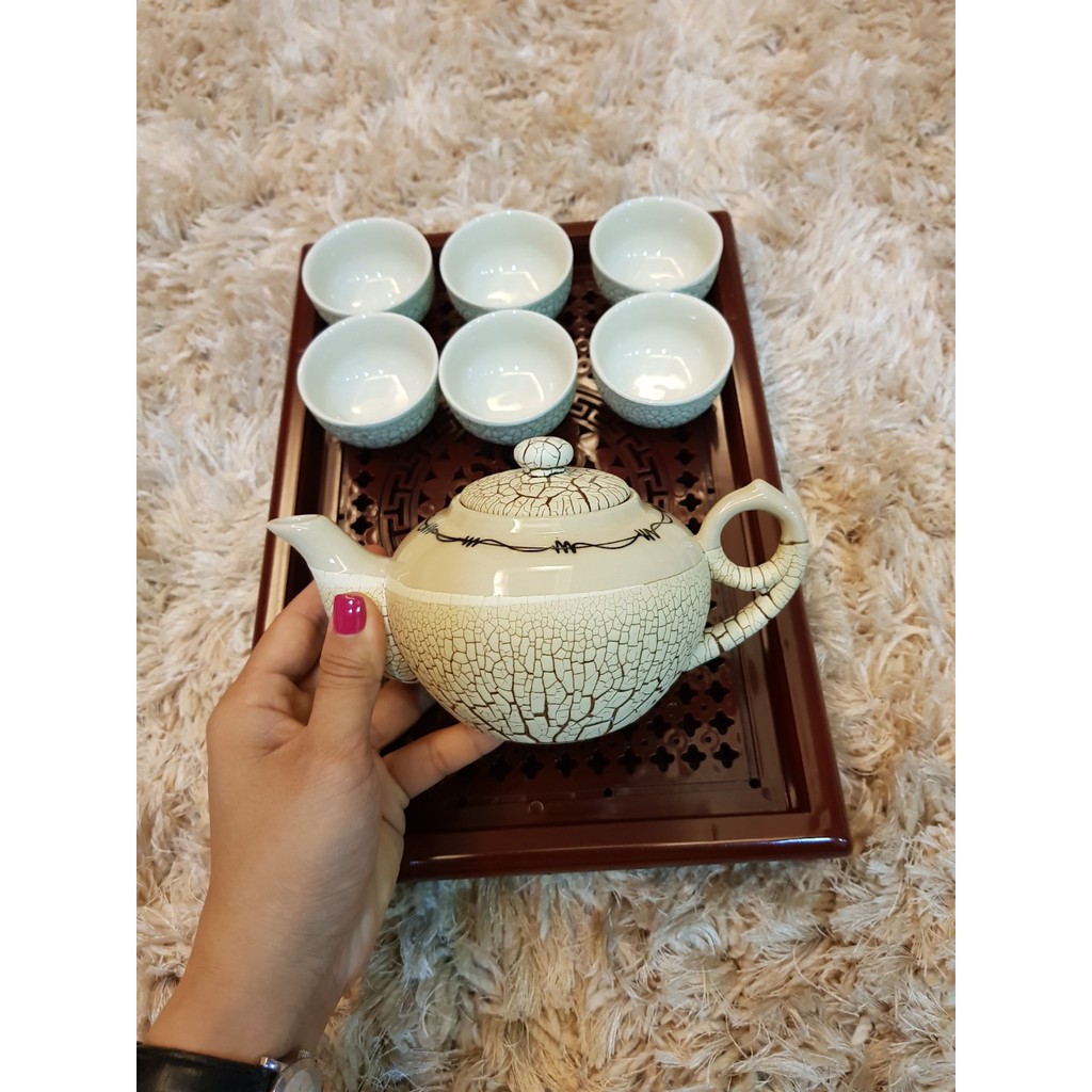 COMBO Bộ ấm chén @ men rạn + KHAY NHỰA