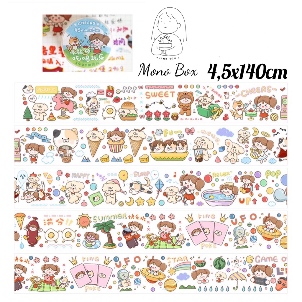 [Chiết] Washi tape mã CB024 4,5x140cm, băng keo dán trang trí họa tiết chibi Mono_box