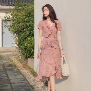 Đầm Midi Váy Midi của phụ nữ Mùa hè Tay ngắn màu hồng chấm bi Tay ngắn Voan Váy thanh lịch Trang phục thường ngày