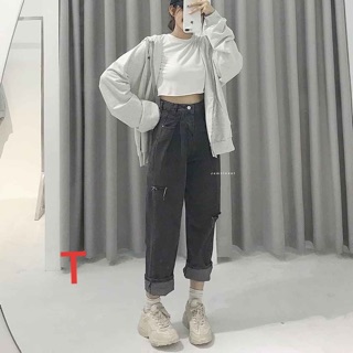 Sét áo croptop trắng kèm quần bò đen DTR0320
