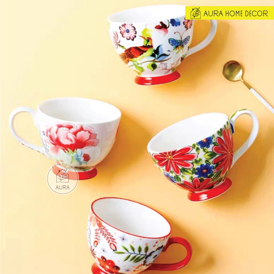 Cốc cafe sứ 400ml Châu Âu, gốm sứ họa tiết vẽ tay, tráng men thủ công, màu sắc rực rỡ