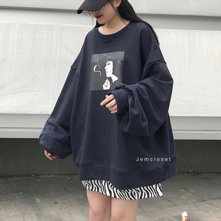 Áo sweater nỉ CÔ GÁI xanh than phom rộng bo gấu chất nỉ dày dặn giá siêu rẻ