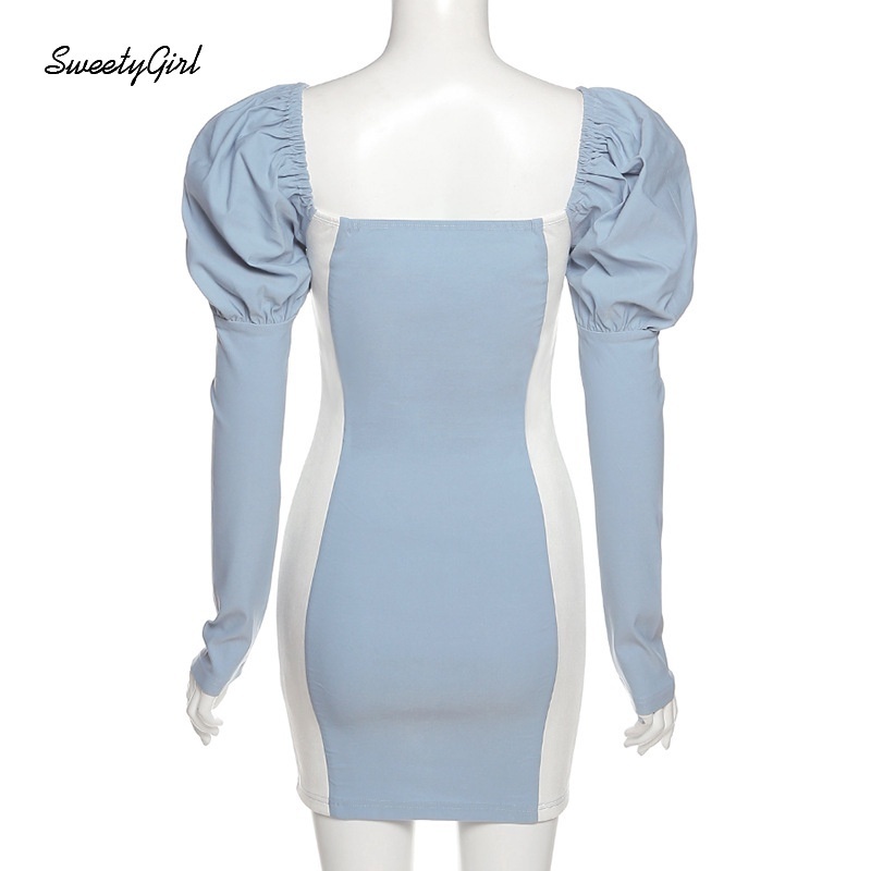 Đầm ôm dáng tay dài cổ vuông màu tương phản thời trang cho nữ