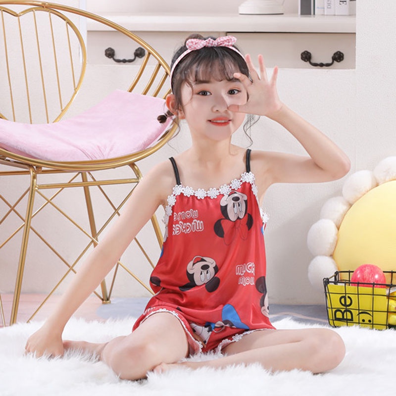 Đầm Ngủ Hai Dây Bằng Lụa Mát Họa Tiết Hoạt Hình Thời Trang Mùa Hè Cho Bé Gái