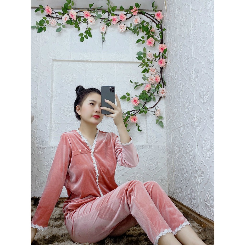 Sét bộ đồ quần áo nữ thu đông dài tay thời trang chất nhung trơn .Bộ đồ nữ mùa đông đẹp.