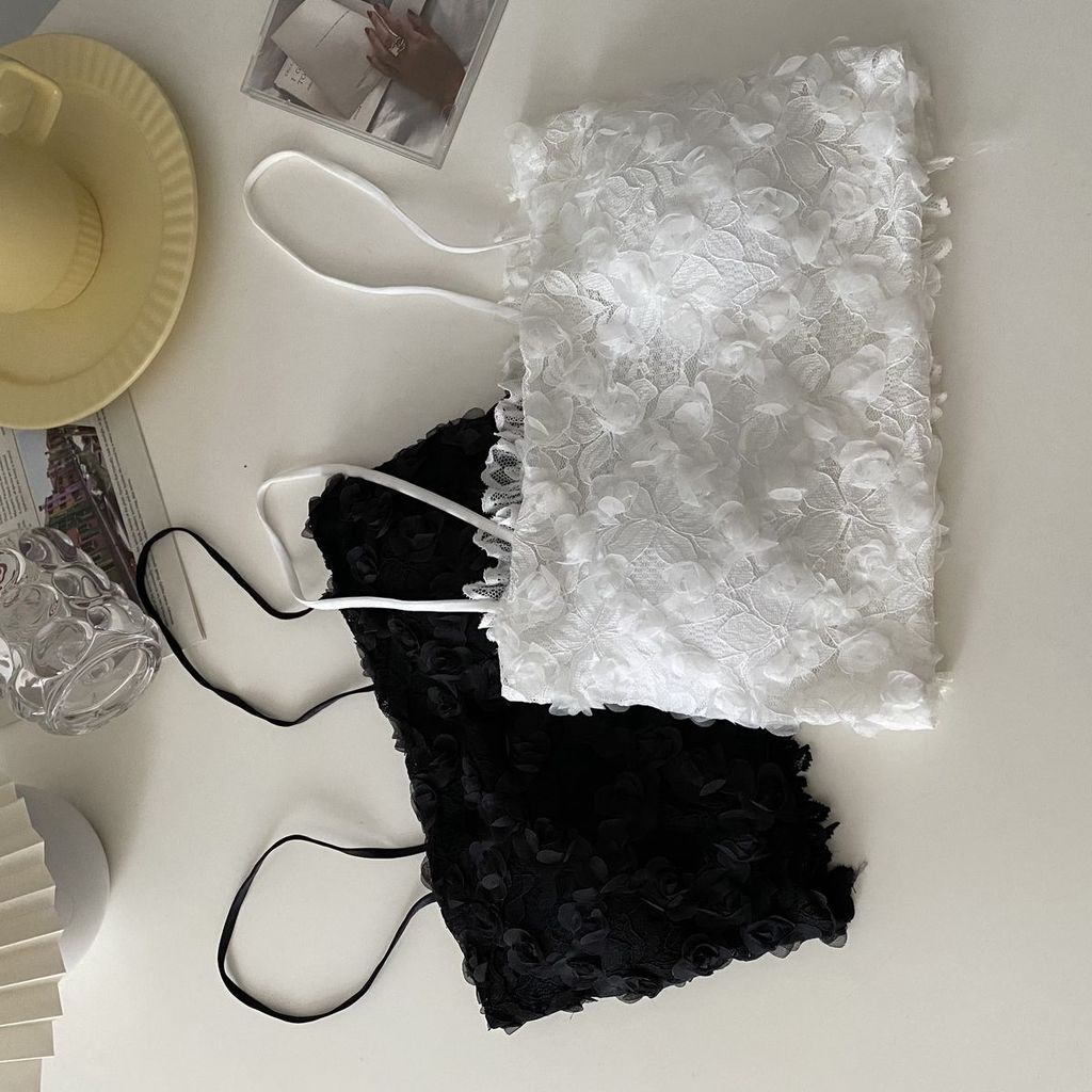 Áo Lửng Hai Dây Phối Ren Màu Trơn Đen Trắng Gợi Cảm Thời Trang Mùa Hè Cho Nữ