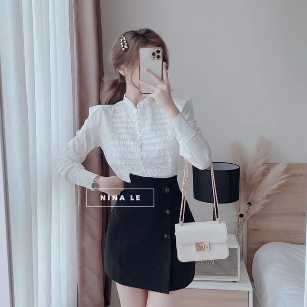 Áo kiểu nữ đẹp phối ren tay dài khuyu ngọc tiểu thư bánh bèo hàn quốc màu trắng tay phồng sexy Liao fashion UV29