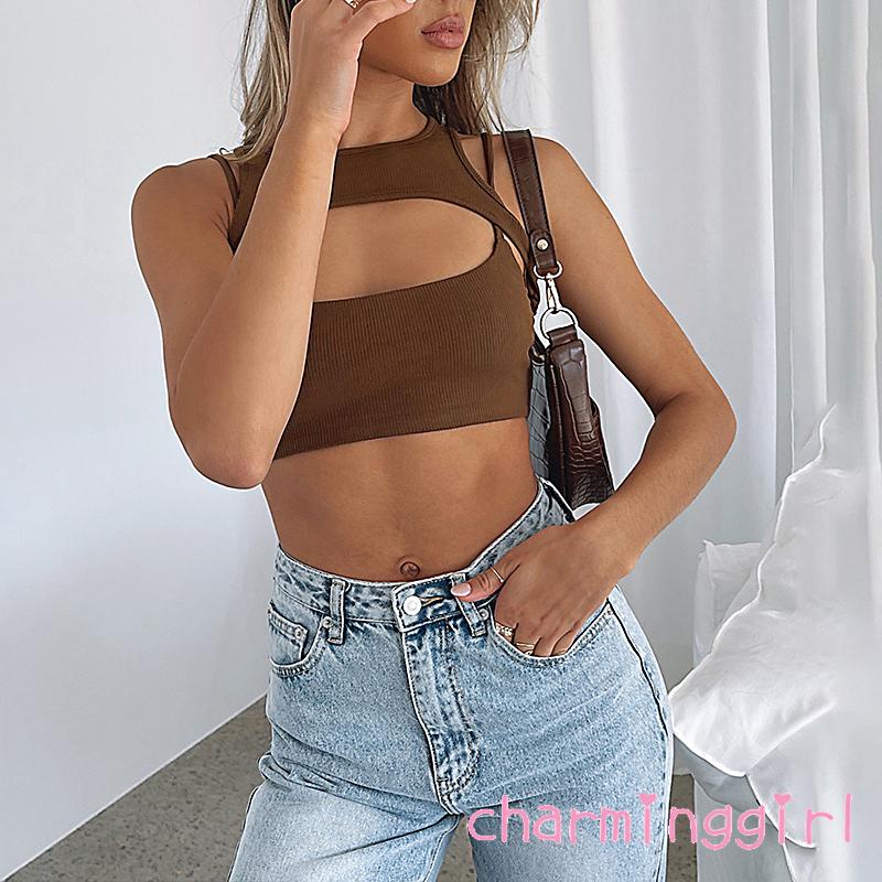 Áo crop top hai dây màu trơn khoét lỗ thời trang cho nữ<br />